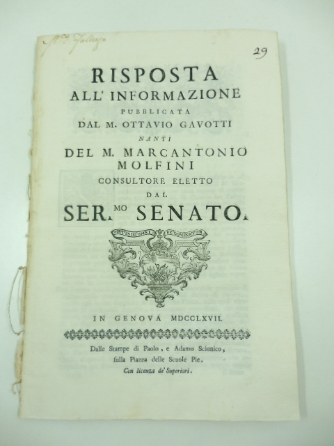 Risposta all'informazione pubblicata dal M. Ottavio Gavotti nanti del m. …