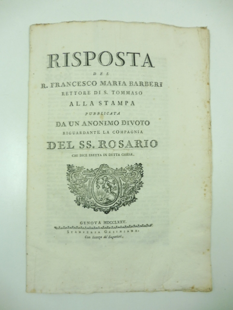 Risposta del R. Francesco Maria Barberi rettore di S. Tommaso …