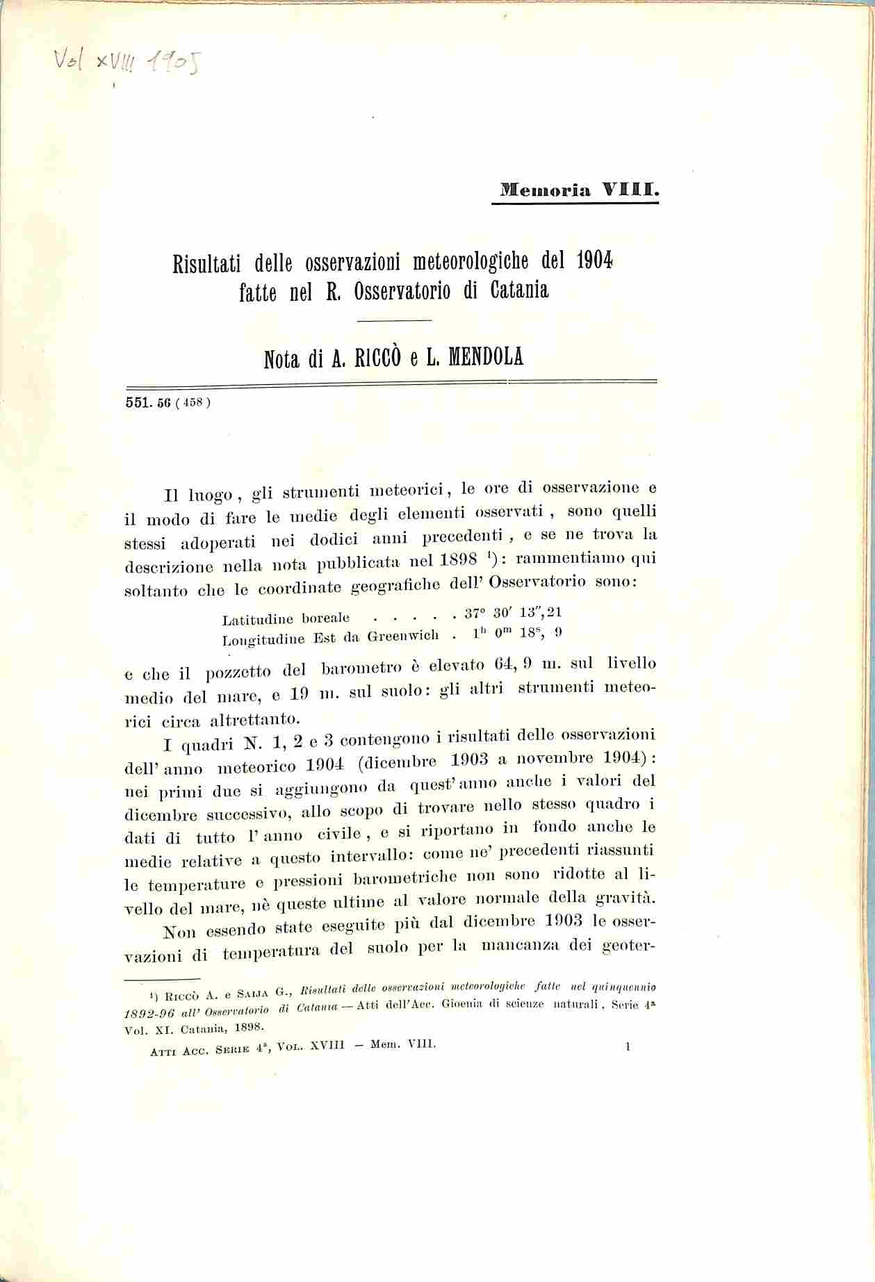 Risultati delle osservazioni meteorologiche del 1904 fatte nel R. Osservatorio …
