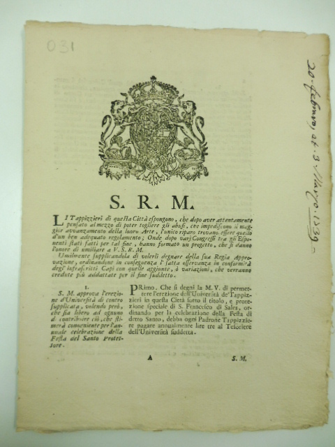 S.R.M. Li tapizzieri di questa citta' espongono. che al mezzo …