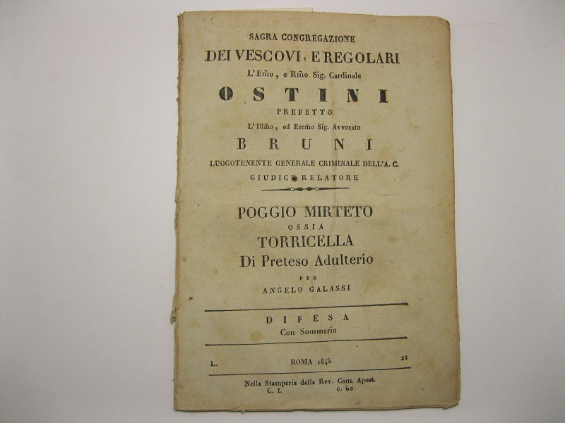 Sagra congregazione dei vescovi regolari. L?E.mo e R.mo Sig. Cardinale …