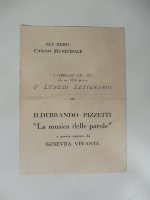 Sanremo. Casino municipale. Ildebrando Pizzetti e poesie cantate da Ginevra …