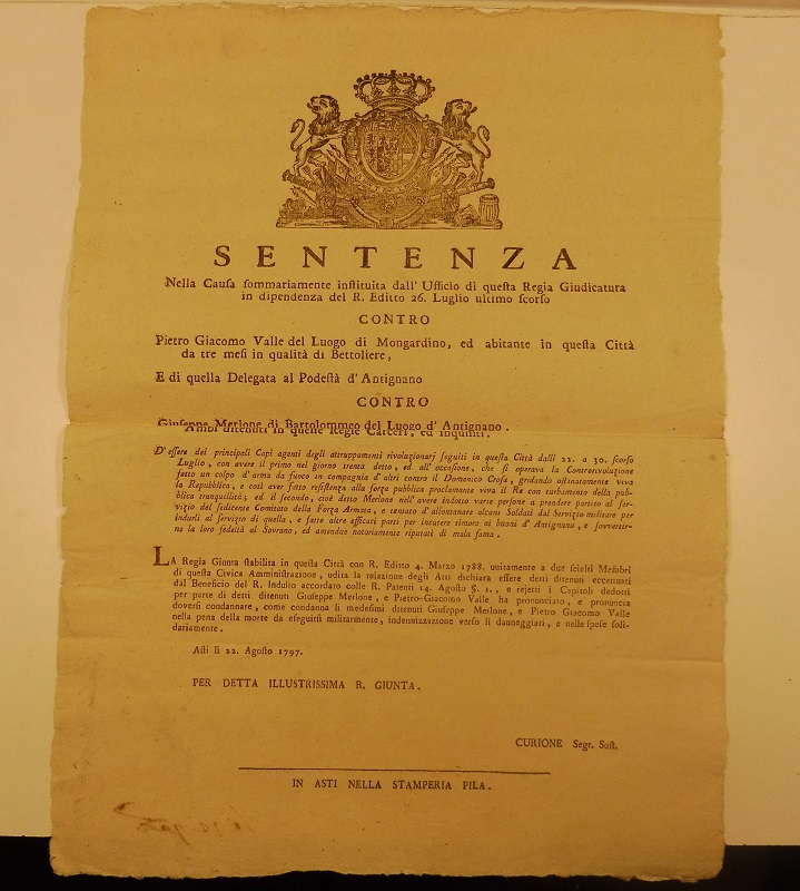 Sentenza. contro Pietro G. Valle del luiogo di Mongardino. Giuseppe …