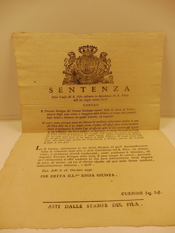 Sentenza. contro.Vittorio Bologna nativo della R. citta' di Torino minore …