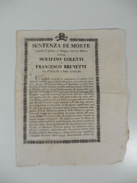 Sentenza di morte eseguita il giorno 21 giugno 1838 in …