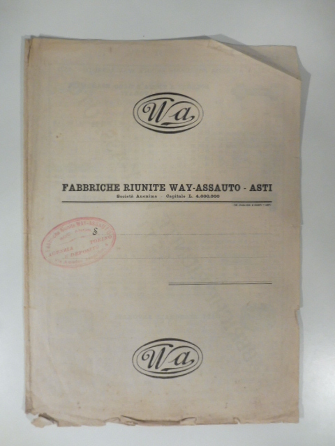 Societa' anonima fabbriche riunite Way Assauto, Asti. Listino n. 3, …