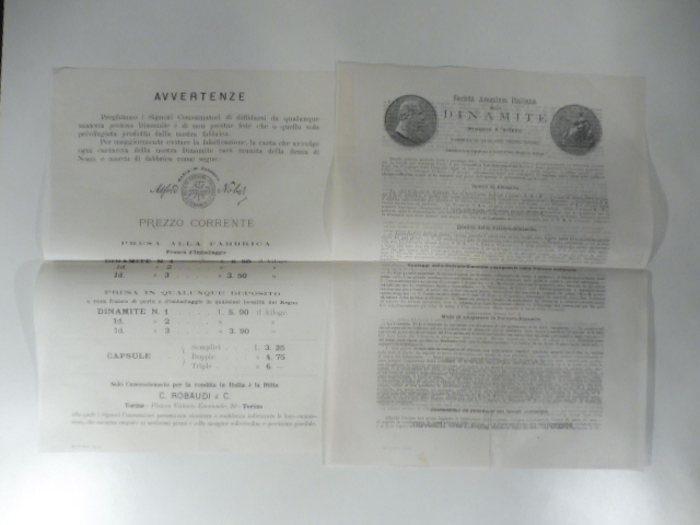 Societa' anonima italiana della dinamite. Fabbrica d'Avigliana. Due fogli pubblicitari