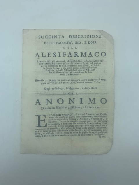 Succinta descrizione delle facolta', uso e dosa dell'alesifarmaco rimedio delli …