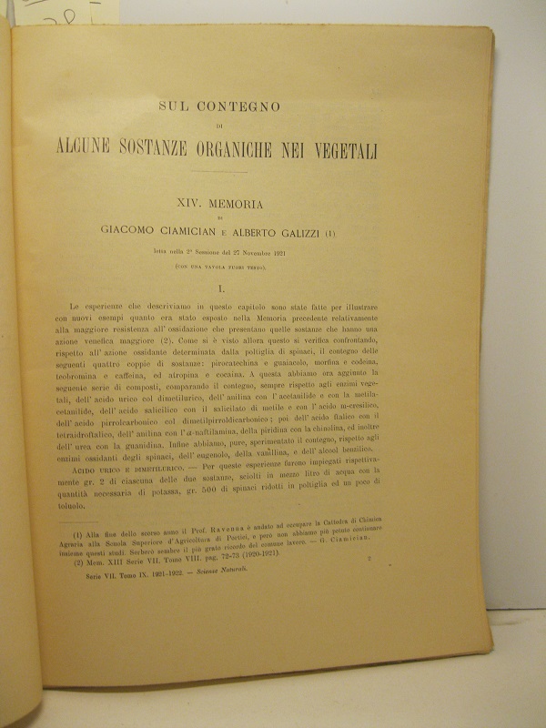 Sul contegno di alcune sostanze organiche nei vegetali. XIV memoria …