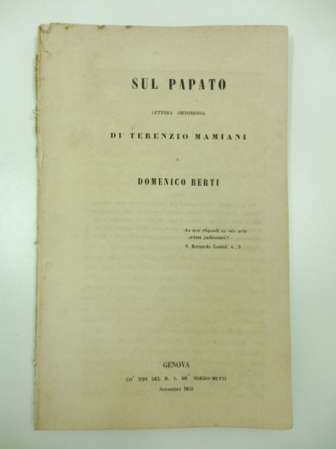 Sul papato. Lettera ortodossa di Terenzio Mamiani a Domenico Berti