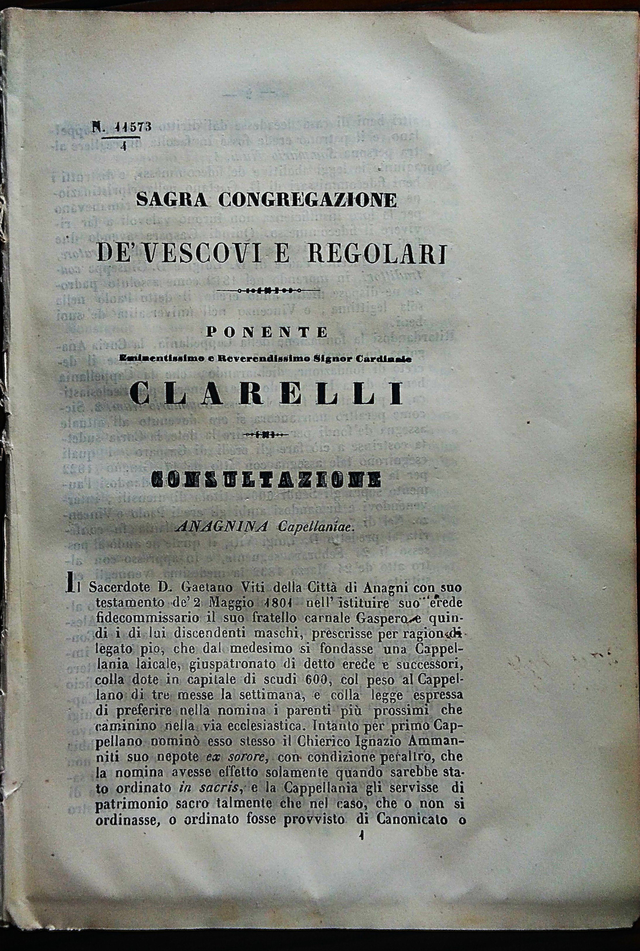 ANAGNI Congregazione dei Vescovi e Regolari. Consultazione ANAGNINA Capellaniae.