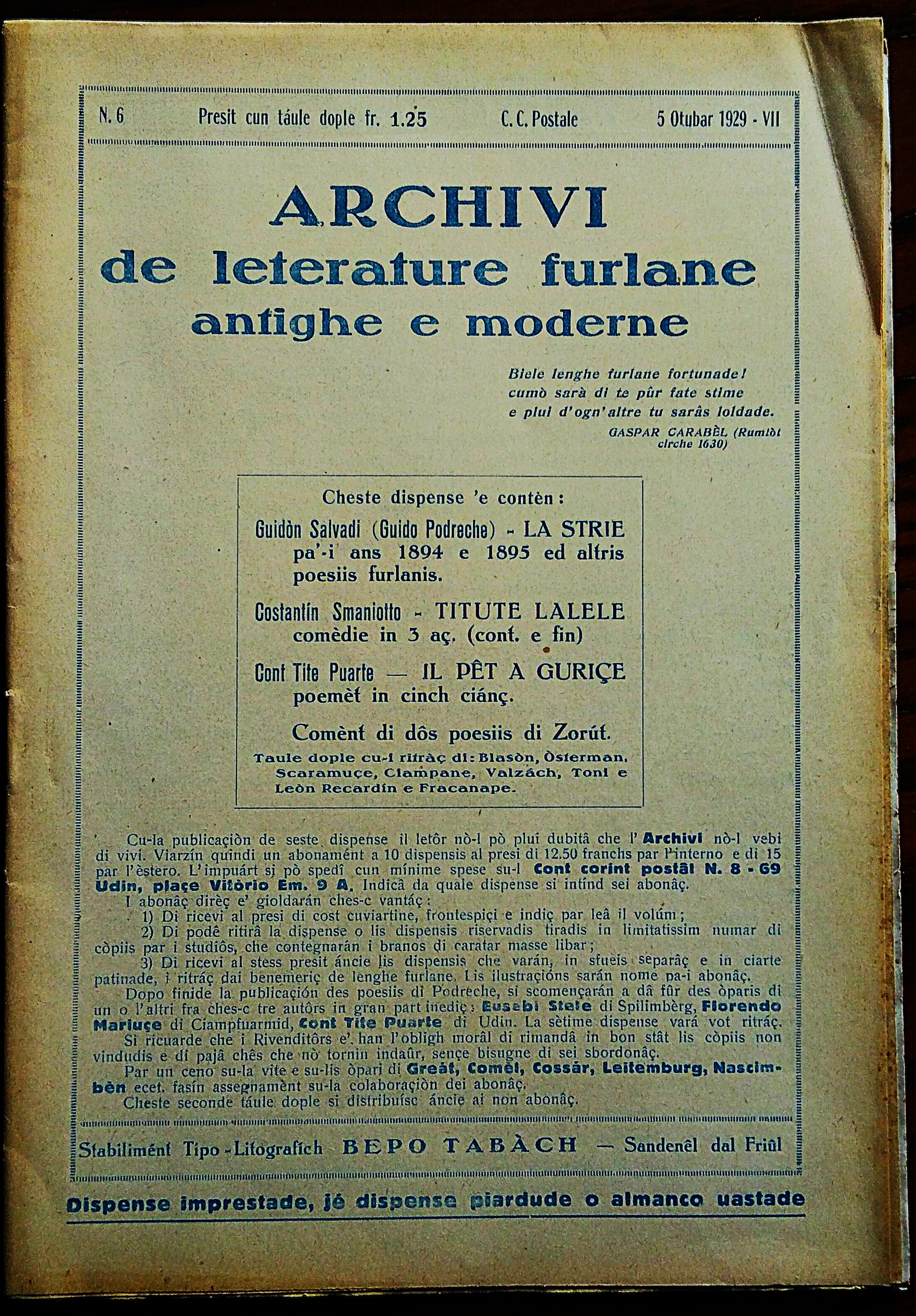 Archivi de leterature furlane antighe e moderne. N. 6 5 …