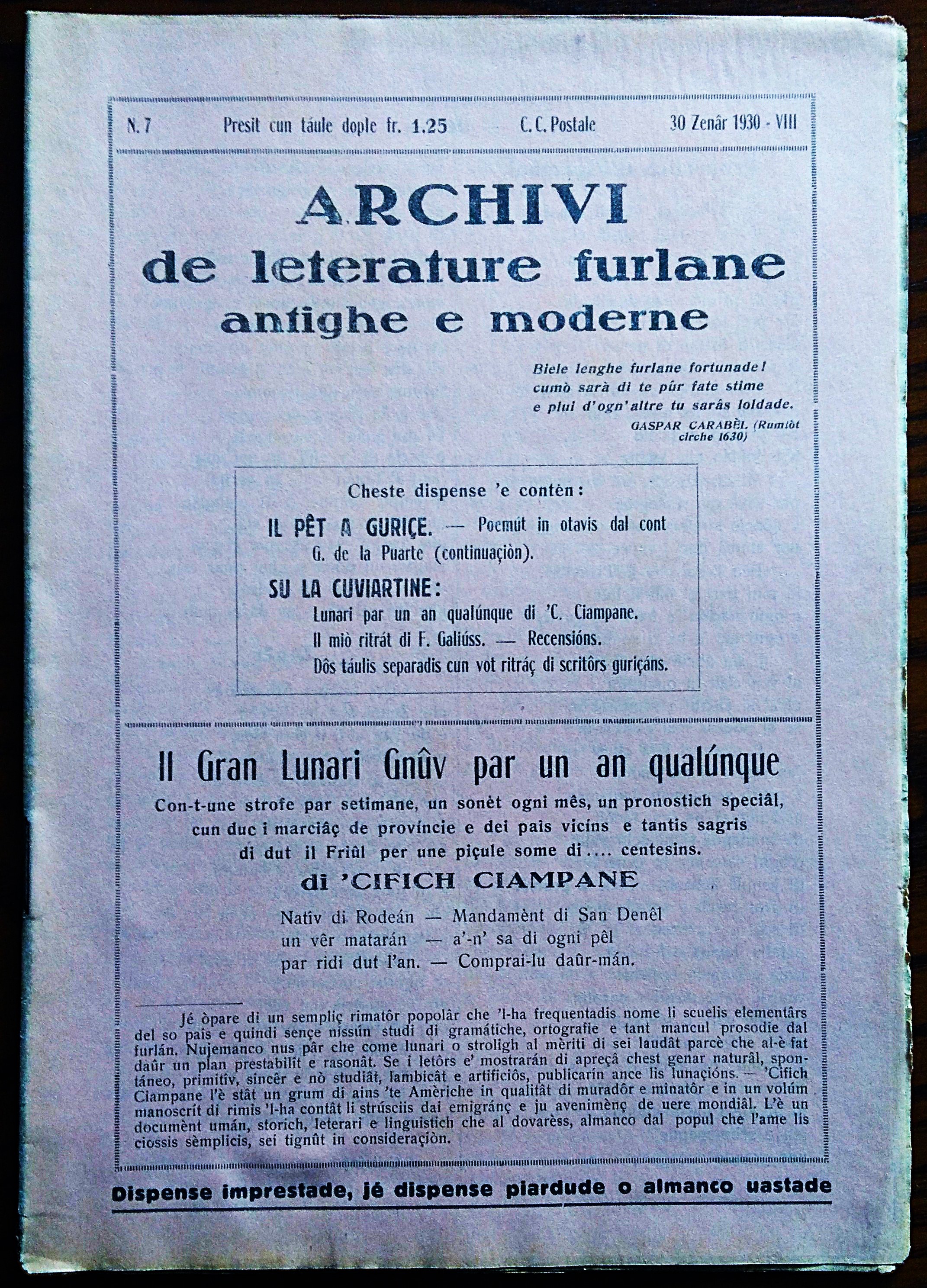 Archivi de leterature furlane antighe e moderne. N. 7 30 …