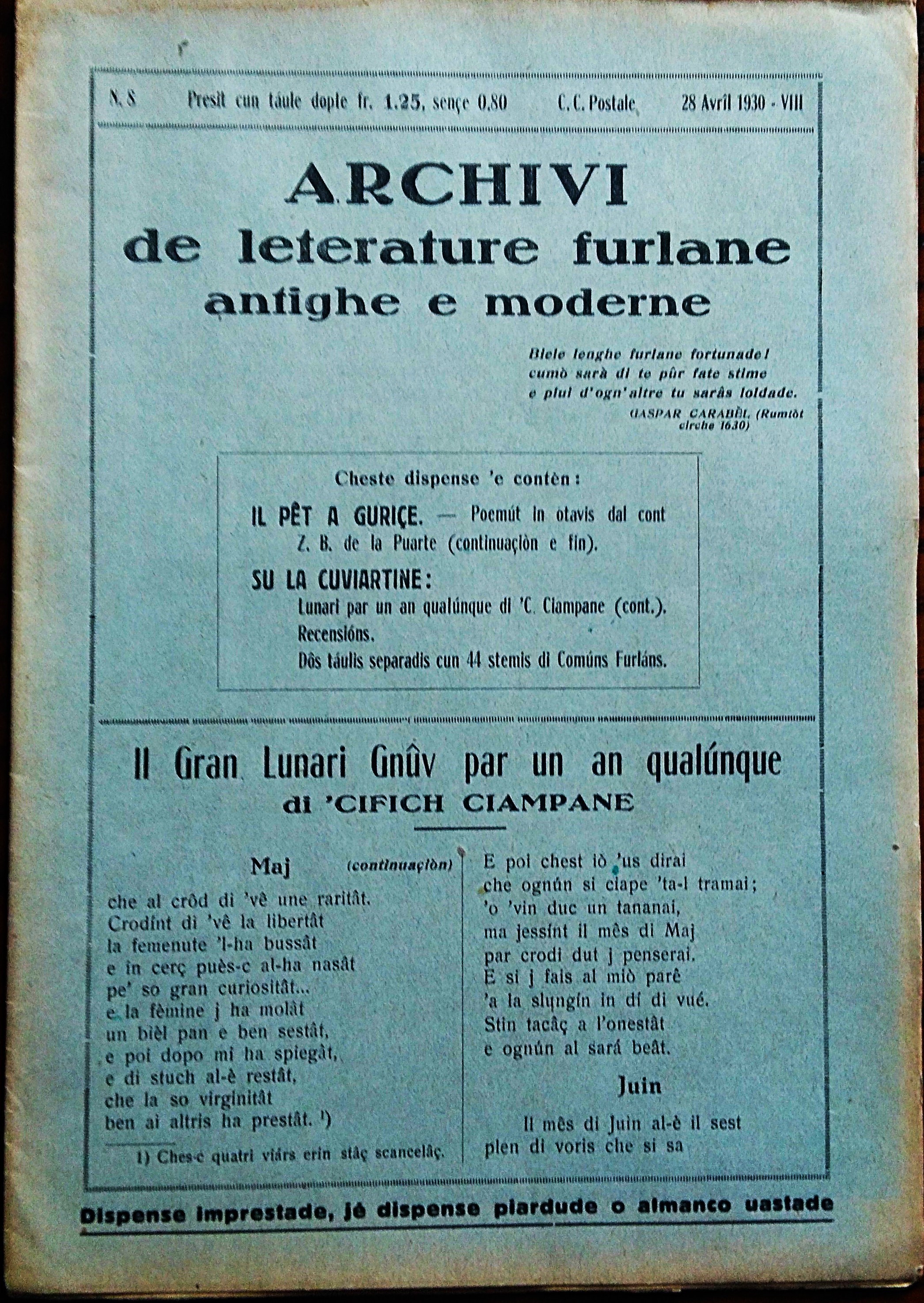 Archivi de leterature furlane antighe e moderne. N. 8 28 …