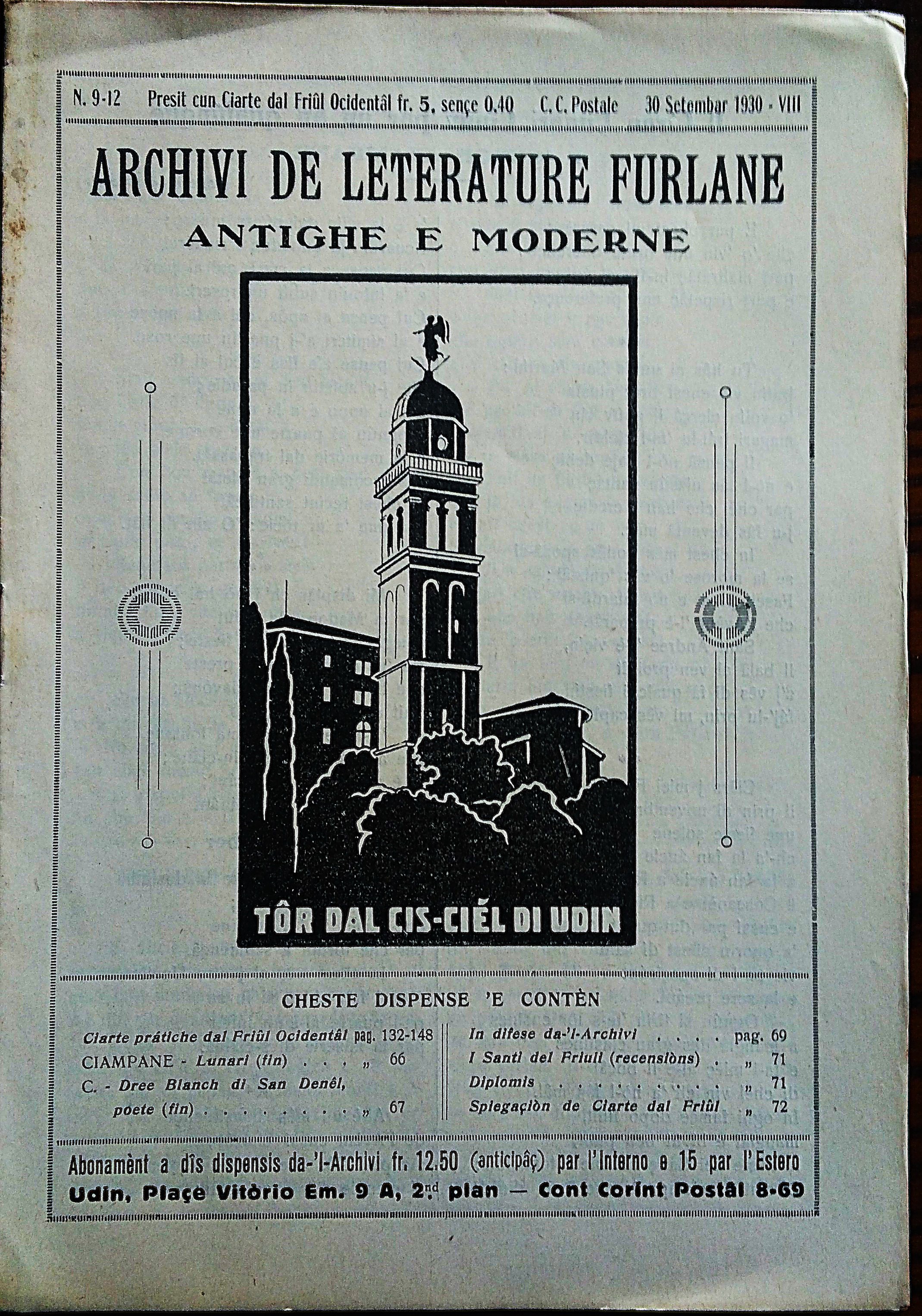 Archivi de leterature furlane antighe e moderne. N. 9-12 30 …