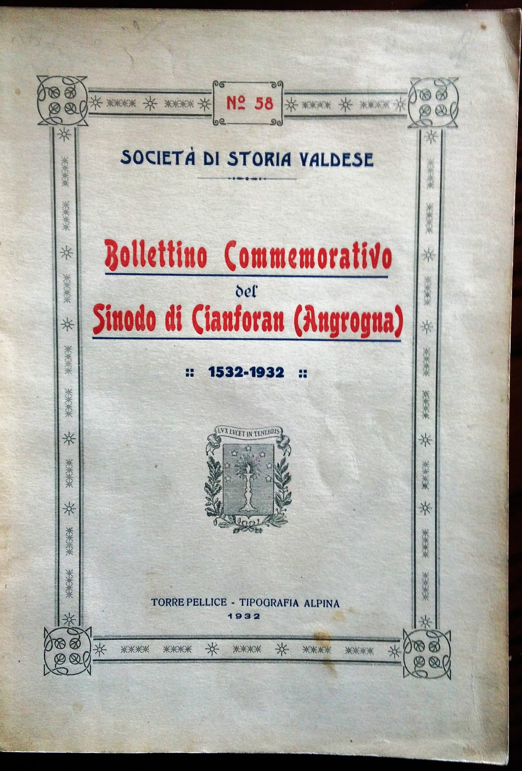 Bollettino Commemorativo del Sinodo di Cianforan (Angrogna) 1532-1932.