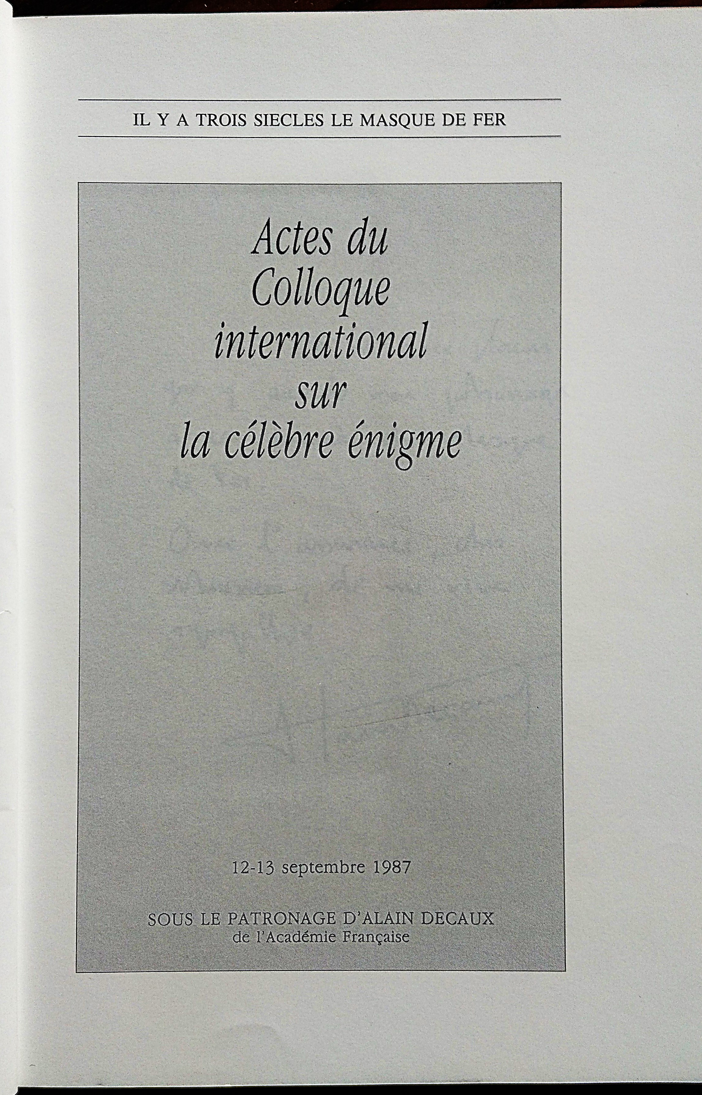 Il y a trois siecles le masque de fer. Actes …
