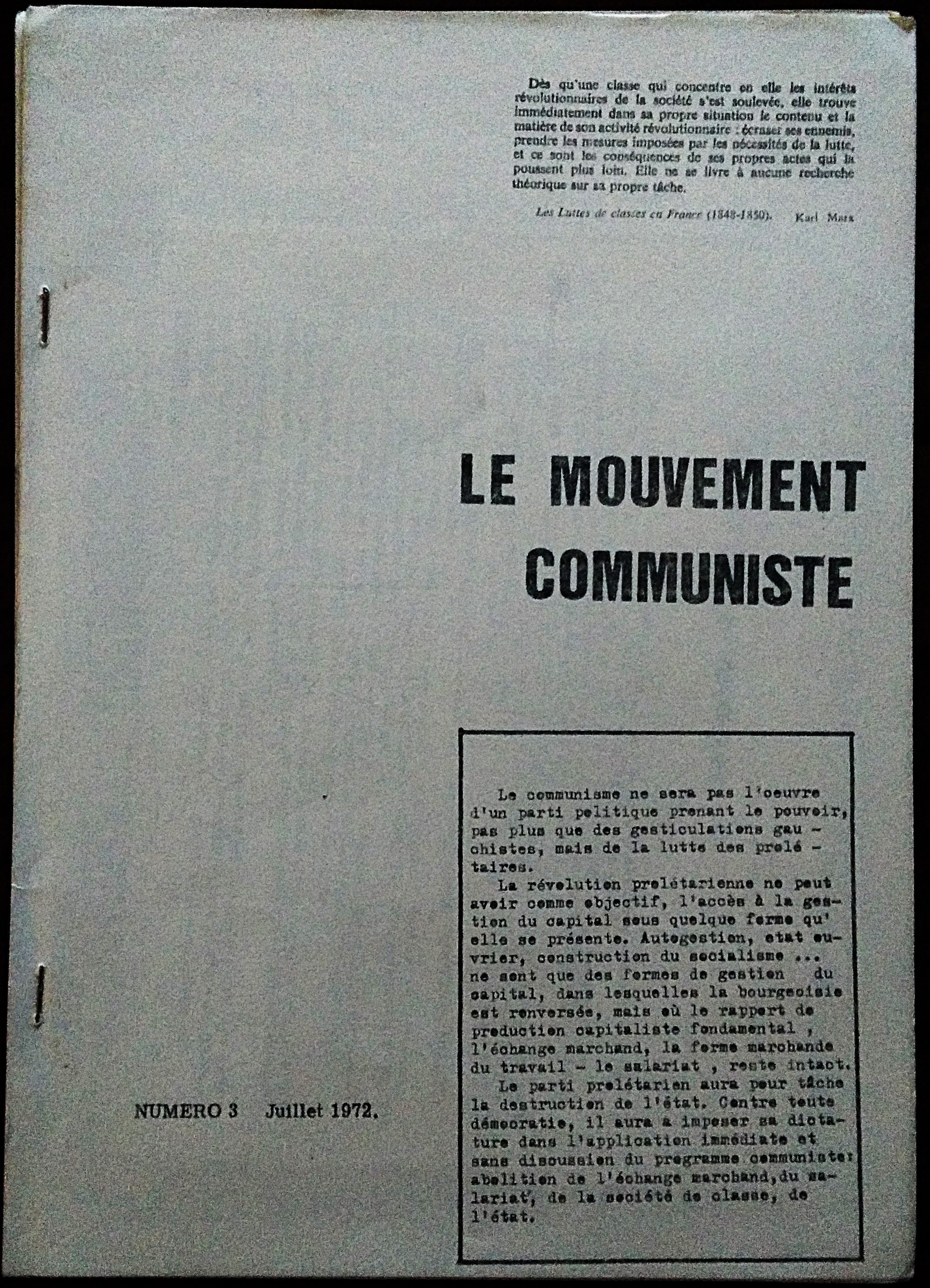Le Mouvement communiste. Numero 3 Julliet 1972.