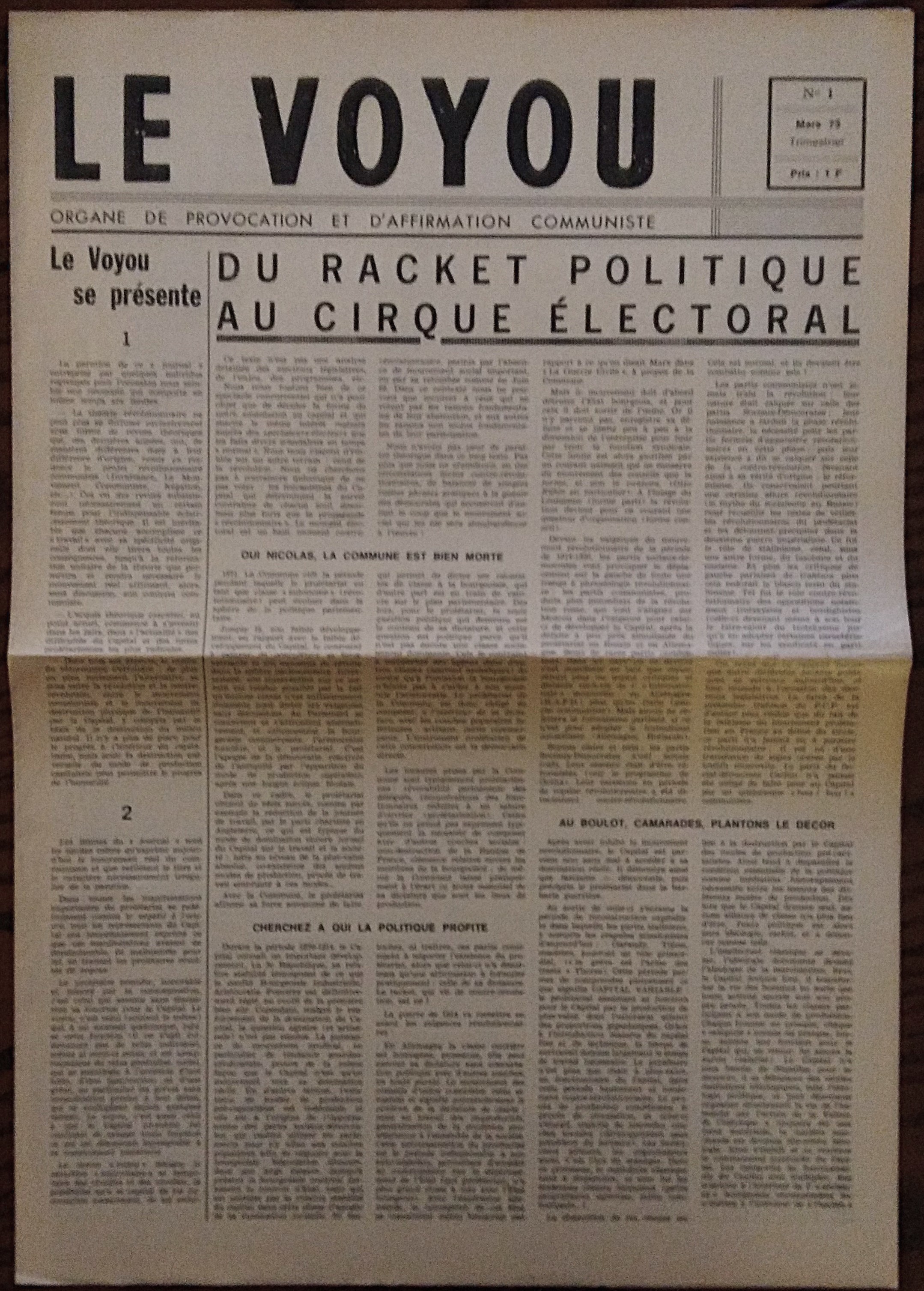 Le Voyou. Organe de provocation et d'affirmation communiste. N. 1, …