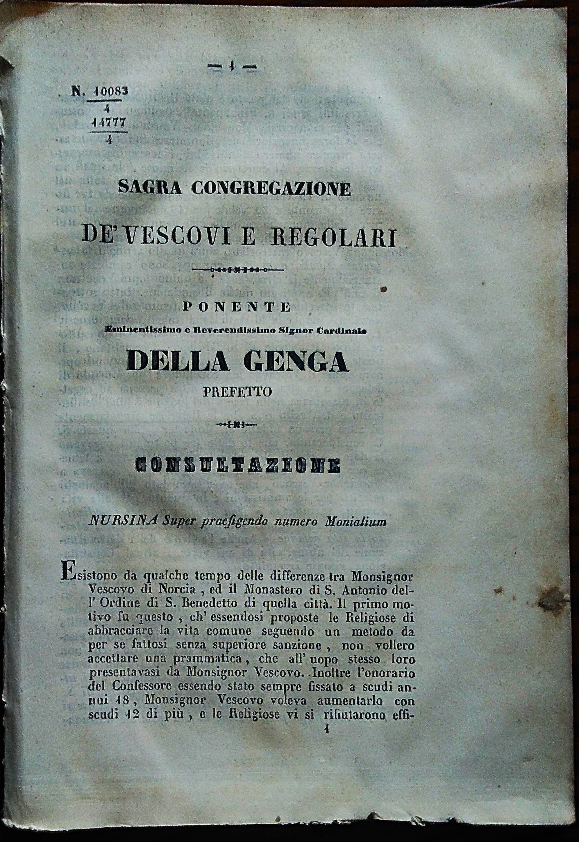 NORCIA -Congregazione dei Vescovi e Regolari. Consultazione NURSINA Super praefigendo …