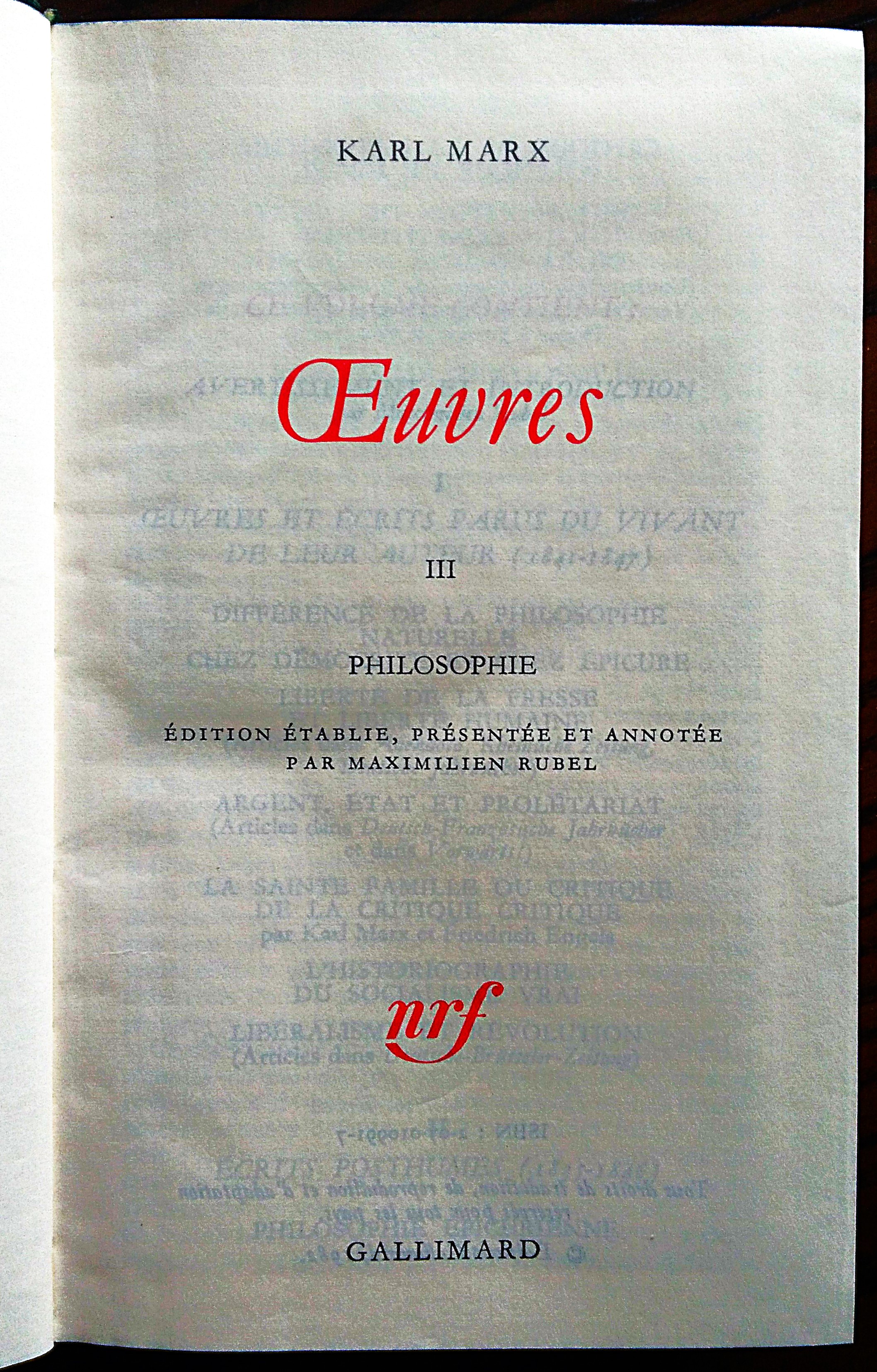 Oeuvres. Philosophie. Edition etablie, présentée et annotée par Maximilien Rubel.
