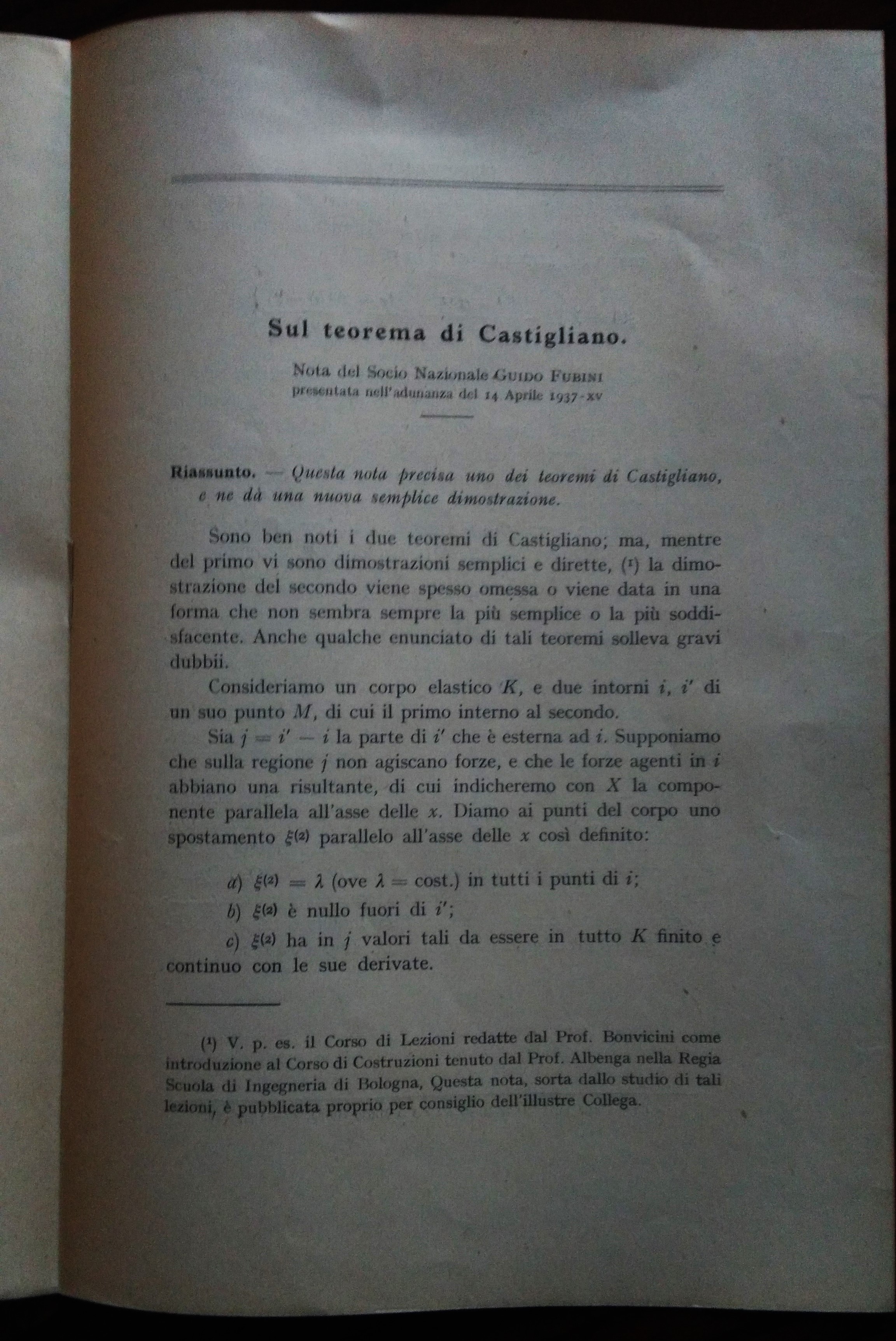 SUL TEOREMA DI CASTIGLIANO. TORINO, R. ACC. SCIENZE, 1937.