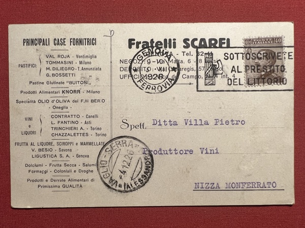 Cartolina Pubblicitaria - Fratelli Scarfi - Nizza Monferrato - 1926