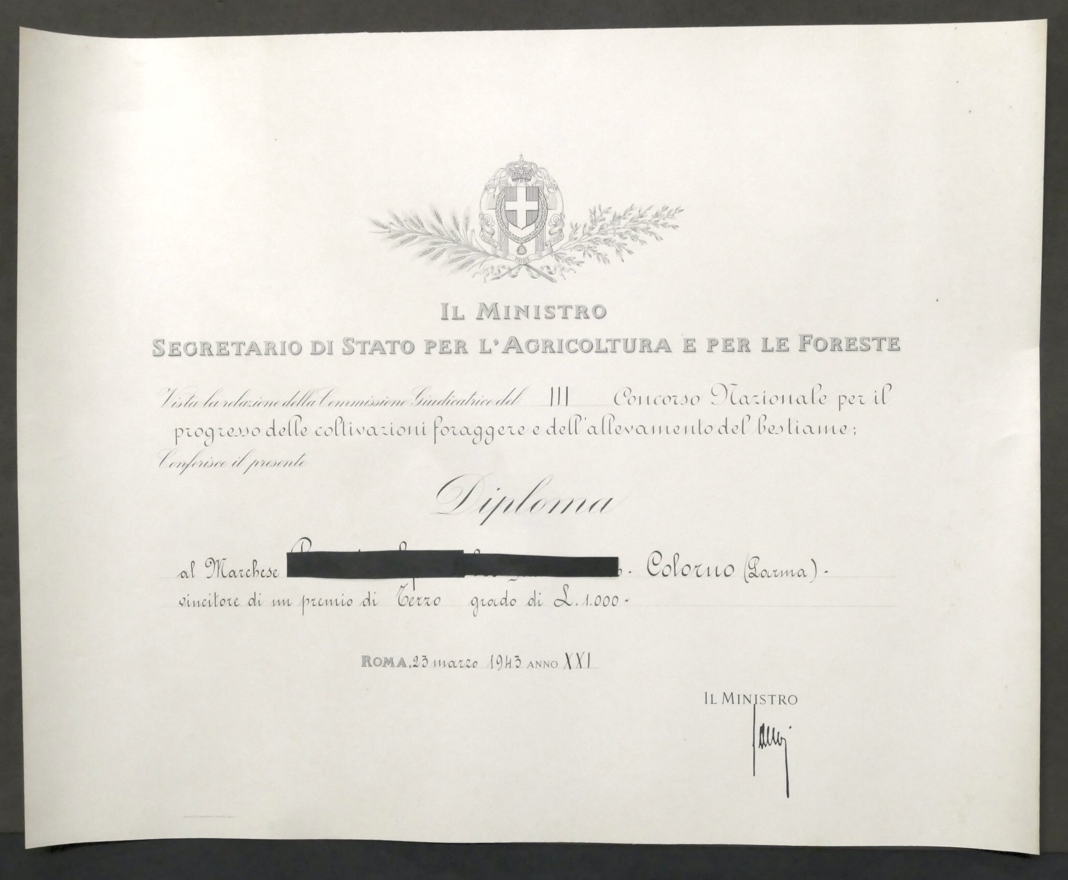 3° Concorso Nazionale Progresso Coltivazioni e Allevamento - Diploma premio …