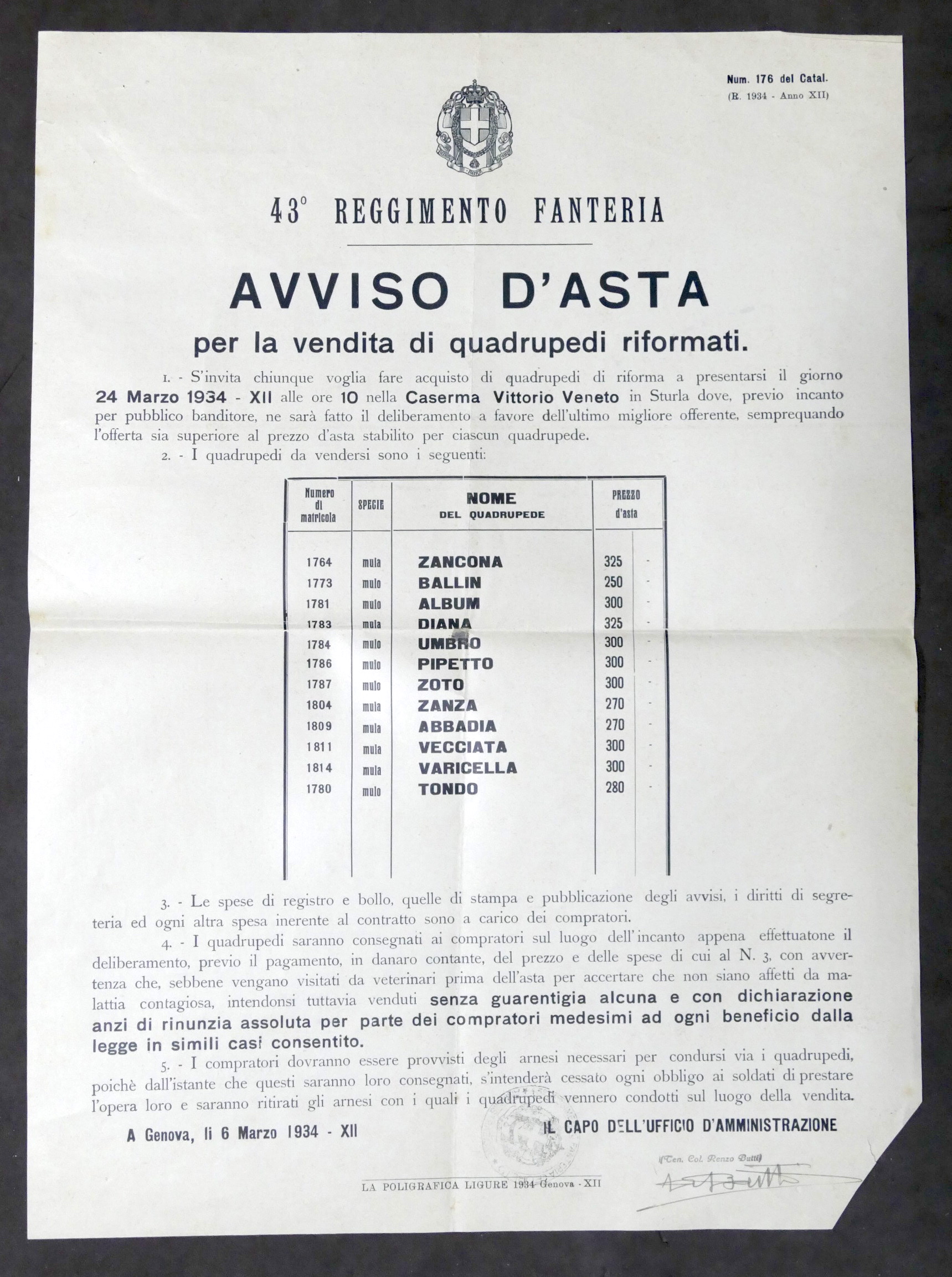 43° Reggimento Fanteria - Avviso d'Asta per vendita quadrupedi - …