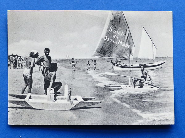 Cartolina Ostia Mare - Spiaggia - 1955 ca.