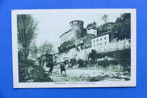 Cartolina Rovereto - Il Castello col fiume Leno - 1918