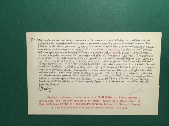 Cartolina Il Documento Che Attesta L'Origine Bustese Della Beata - …