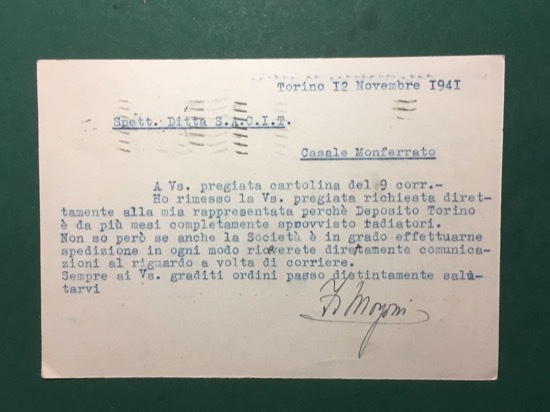 Cartolina Prof. F. Morgoni - Corso Palermo N.32 - Torino …