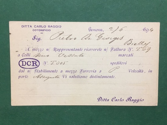 Cartolina Ditta Carlo Raggio - Cotonificio - Genova - 1894