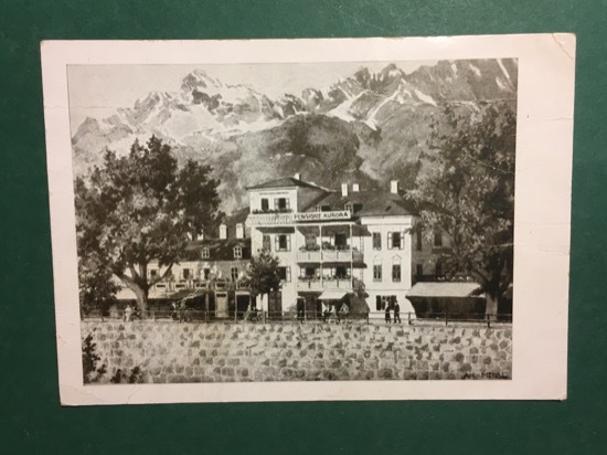Cartolina Pensione Aurora - Merano - Passeggiate - 1930 ca.