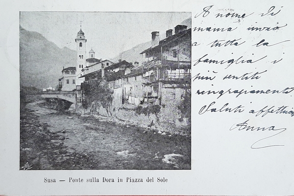Cartolina Susa - Ponte sulla Dora in Piazza del Sole …