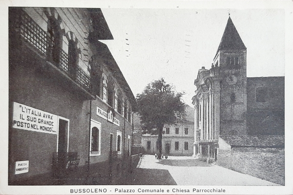 Cartolina Bussoleno - Palazzo Comunale e Chiesa Parrocchiale - 1940