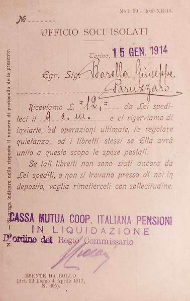 Cartolina Istituto Nazionale delle Assicurazioni Ufficio Soci Isolati Roma 1914