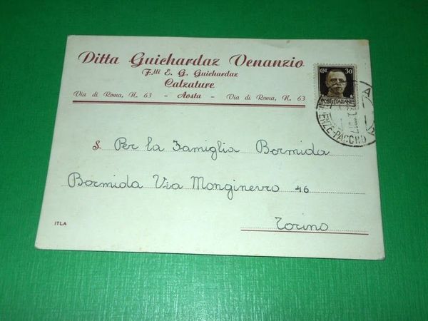 Cartolina Pubblicità - Ditta Guichardaz Venanzio Calzature Aosta 1939.