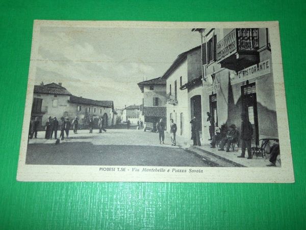 Cartolina Piobesi Torinese - Via Montebello e Piazza Savoia 1942.