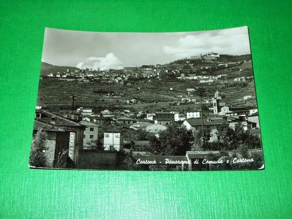 Cartolina Cortona - Panorama di Camucia e Cortona 1956.