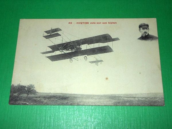 Cartolina Aeronautica Aviazione Volo - Curtiss vole sur son biplan …