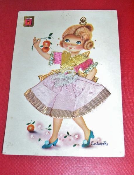 Cartolina ricamata in rilievo Costumi Bambina Spagna 40.