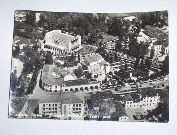 Cartolina Abano Terme - Giardini pubblici e Teatro 1963