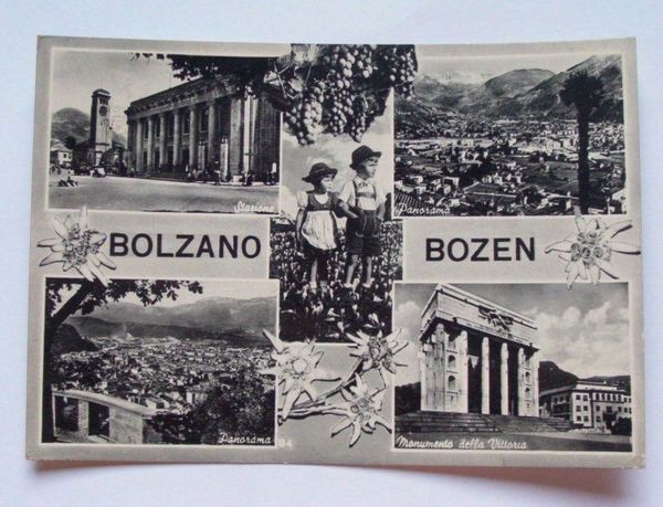 Cartolina Bolzano - Stazione e Mon. della Vittoria 1958