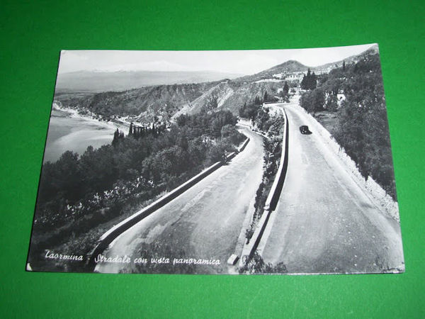 Cartolina Taormina - Stradale con vista panoramica 1955