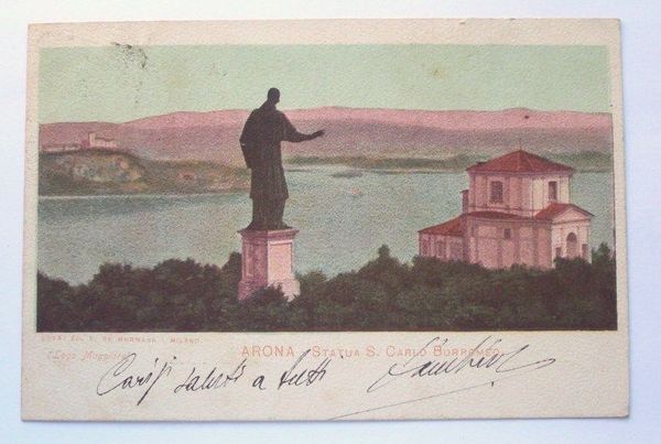 Cartolina Arona Lago Maggiore - Statua S. Borromeo 1902