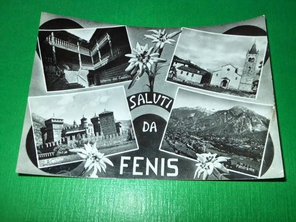 Cartolina Saluti da Fenis - Vedute diverse 1958