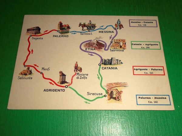 Cartolina Sicilia - Cartina ESSO Essolube Messina Agrigento Catania Palermo …