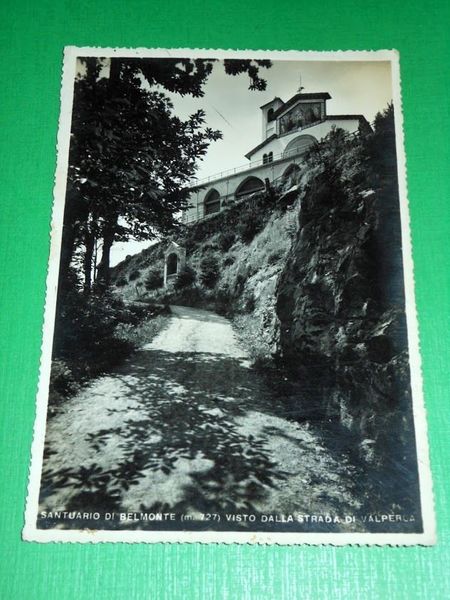 Cartolina Santuario di Belmonte visto dalla strada di Valperga 1941